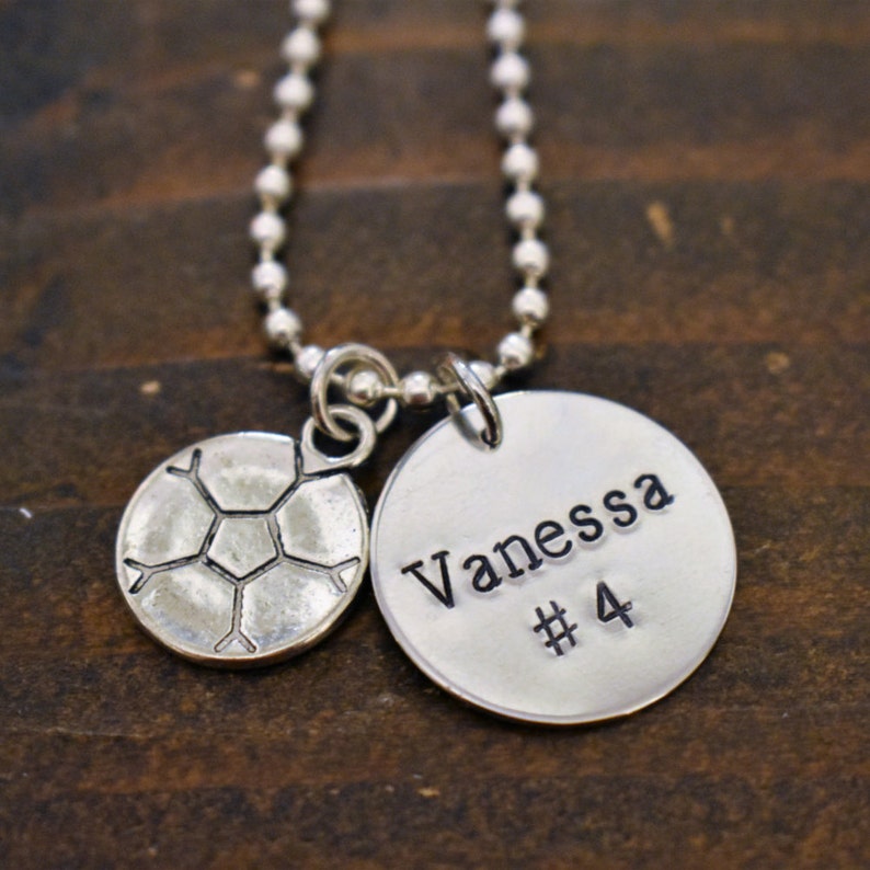 Personalized Hand Stamped Team Necklace Hand Stamped with Name /& Jersey Number and Sports Charm *Soccer Team*Cheerleading Squad*Softball*