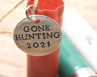 Shotgun Shell Christmas Ornament with Hand Stamped Charm - Gone Hunting with Year *Redneck Christmas*Personalized Christmas Ornament*