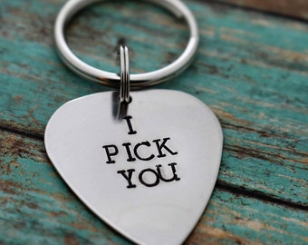 I Pick You Hand Stamped Aluminum Guitar Pick Keychain*Anniversary Gift*Valentine's Gift*Gift for Dad*Gift for Him*Musician*Music Gift*Guitar