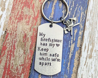 Hand Stamped Firefighter Keychain "My Firefighter Has My Heart" Dog Tag Keychain*Firefighter Wife*Fireman*Firefighter Gift*Firefighter Charm