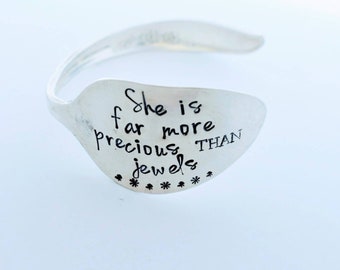 Hand Stamped Vintage Silver Plated Spoon Bracelet Bangle - She Is Far More Precious Than Jewels - Mother's Day - Gift for Wife -Gift for Her