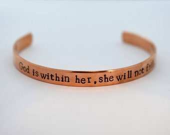 God Is Within Her She Will Not Fail Hand Stamped Cuff Bracelet *Christian Jewelry*Bible Verse*Proverbs 46:5*Gift for Her*Inspirational Gift*