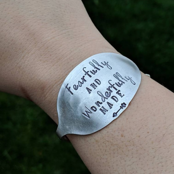 Hand Stamped Vintage Silver Plated Spoon Bracelet Bangle - Fearfully and Wonderfully Made - Christian Jewelry - Faith