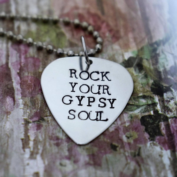 Rock Your Gypsy Soul *Hand Stamped* Guitar Pick Necklace - Van Morrison Lyric