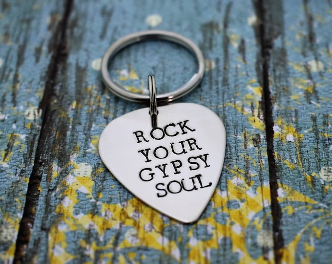 Featured listing image: Rock Your Gypsy Soul *Hand Stamped* Guitar Pick Keychain- Van Morrison Lyric *Music Lover*Guitar Player*