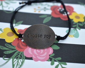 Hand Stamped Brass "choose joy" on Hemp Cord Bracelet *Gift for Her*Inspirational Jewelry*Daily Mantra*