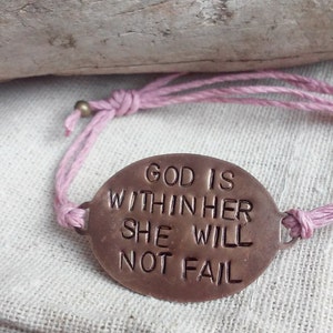 Hand Stamped Brass God Is Within Her She Will Not Fail on adjustable Hemp cord bracelet image 3