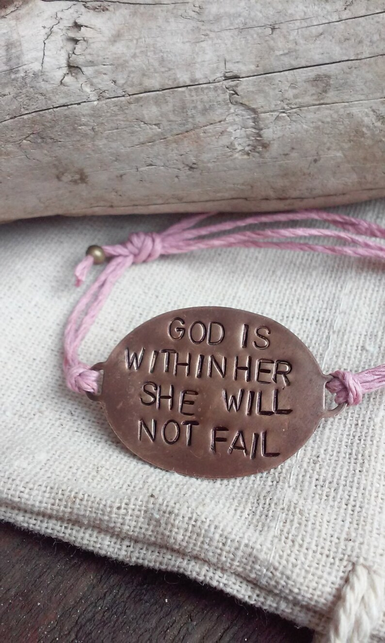 Hand Stamped Brass God Is Within Her She Will Not Fail on adjustable Hemp cord bracelet image 3