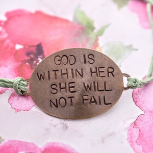 Hand Stamped Brass God Is Within Her She Will Not Fail on adjustable Hemp cord bracelet image 2