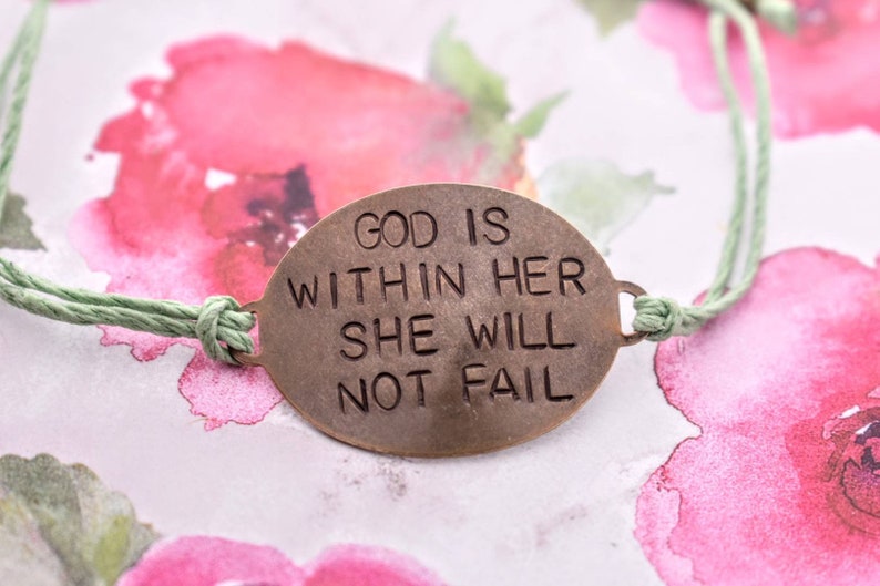 Hand Stamped Brass God Is Within Her She Will Not Fail on adjustable Hemp cord bracelet image 2