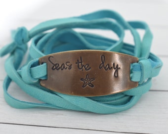 Hand Stamped Brass - Seas the Day - Starfish - Leather Wrap Bracelet *Inspirational Jewelry*Daily Mantra*Beach Jewelry