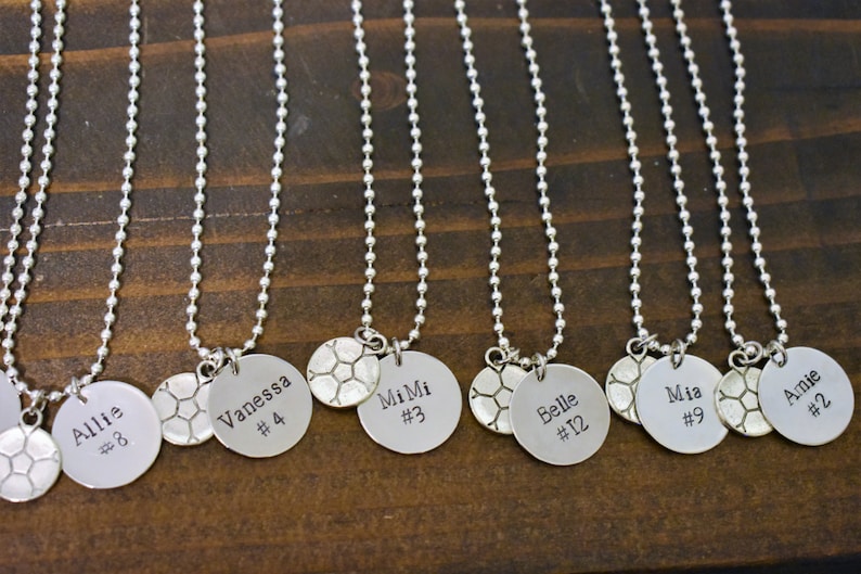 Personalized Hand Stamped Team Necklace Hand Stamped with Name /& Jersey Number and Sports Charm *Soccer Team*Cheerleading Squad*Softball*