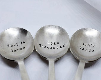 Set of Stamped Silver Plated Spoons - Just In Queso - Holy Guacamole - Let's Salsa - Serving Spoons - Funny Spoons