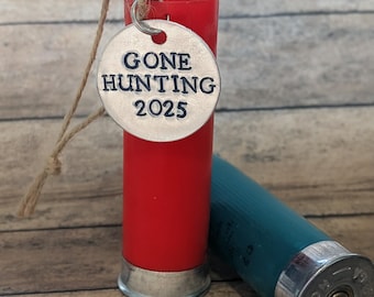 Shotgun Shell Christmas Ornament with Hand Stamped Charm - Gone Hunting with Year *Redneck Christmas*Personalized Christmas Ornament*