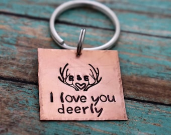 I Love You Deerly Hand Stamped Personalized Antler Keychain - Initials - Deer Antlers - Hunting - Hunter Gift - Deer Hunting