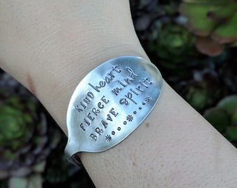 Hand Stamped Vintage Silver Plated Spoon Bracelet Bangle - Kind Heart Fierce Mind Brave Spirit