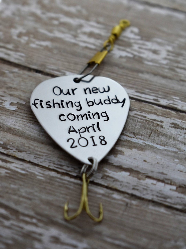 Handmade Stamped Fishing Lure Our New Fishing Buddy Coming w/dateBirth AnnouncementPersonalized LureFisherman image 1