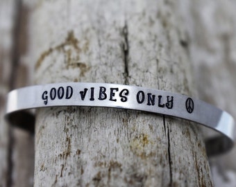 Good Vibes Only Hand Stamped Cuff Bracelet - Mantra Bracelet - Good Vibes Jewelry - Bohemian Jewelry - Yoga - Positive Jewelry