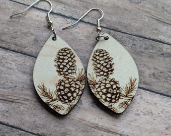 Wooden Pinecone Teardrop Earrings - Christmas Earrings - Fall Earrings - Pinecone Earrings - Nature Themed Earrings - Stocking Stuffer