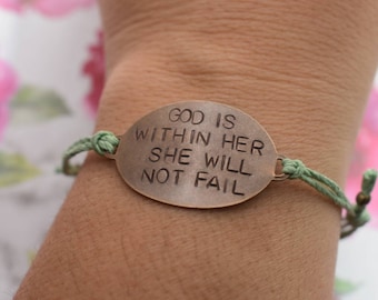 Hand Stamped Brass "God Is Within Her She Will Not Fail" on adjustable Hemp cord bracelet