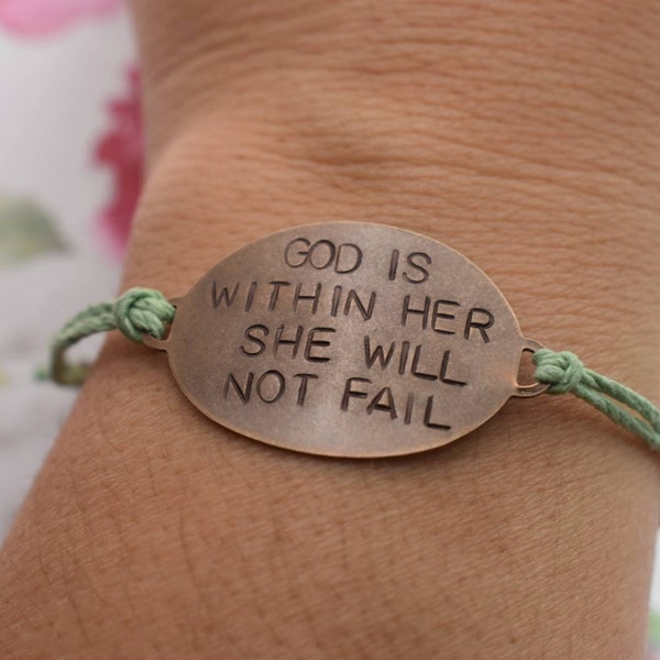 Hand Stamped Brass "God Is Within Her She Will Not Fail" on adjustable Hemp cord bracelet