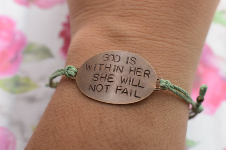 Hand Stamped Brass God Is Within Her She Will Not Fail on adjustable Hemp cord bracelet image 1