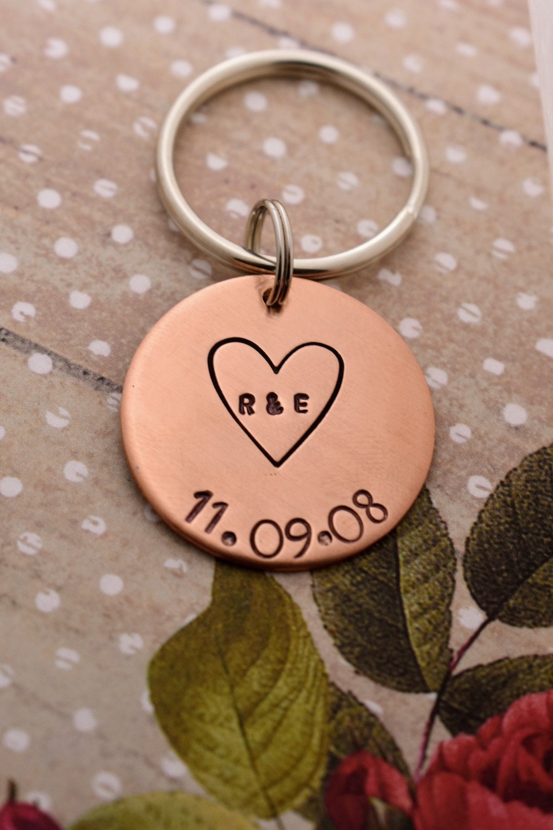 Heart With Initials and Date Hand Stamped Keychain - Personalized ...