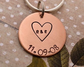 Heart with Initials and Date Hand Stamped Keychain - Personalized Keychain - Anniversary Gift - Wedding Day Gift - Valentine's Day Gift