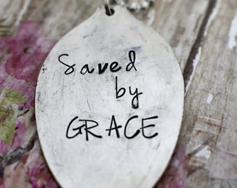 Hand Stamped Spoon Necklace "Saved by Grace" *Upcycled Spoon**Gift For Her*Christian Jewelry*Religious Necklace*Bible Verse*Ephesians