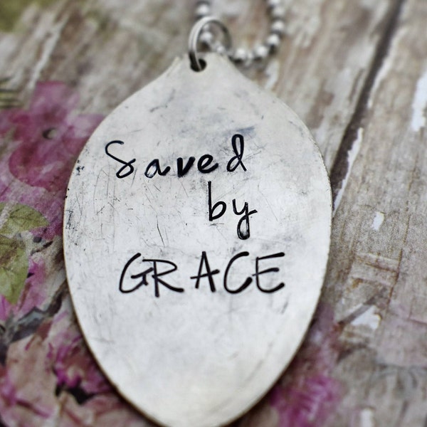 Hand Stamped Spoon Necklace "Saved by Grace" *Upcycled Spoon**Gift For Her*Christian Jewelry*Religious Necklace*Bible Verse*Ephesians