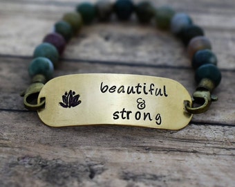 Beaded Bracelet with Hand Stamped Lotus "Beautiful & Strong" *Gift for Her*Lotus*Namaste*