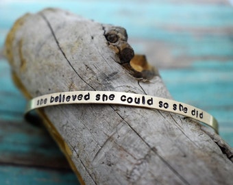 She Believed She Could So She Did - Skinny Hand Stamped Gold Filled Bracelet-Inspirational Gift-Personalized Gift-Gift for Her