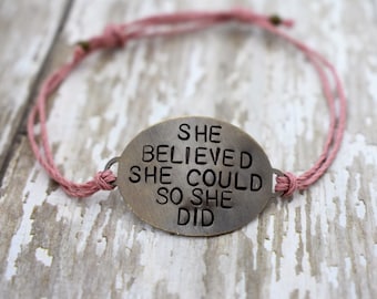 Hand Stamped Brass "She Believed She Could So She Did" on Hemp cord bracelet