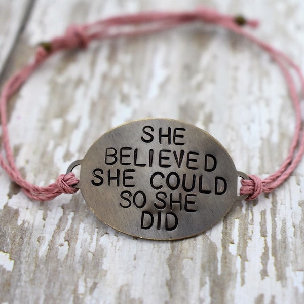 Hand Stamped Brass "She Believed She Could So She Did" on Hemp cord bracelet