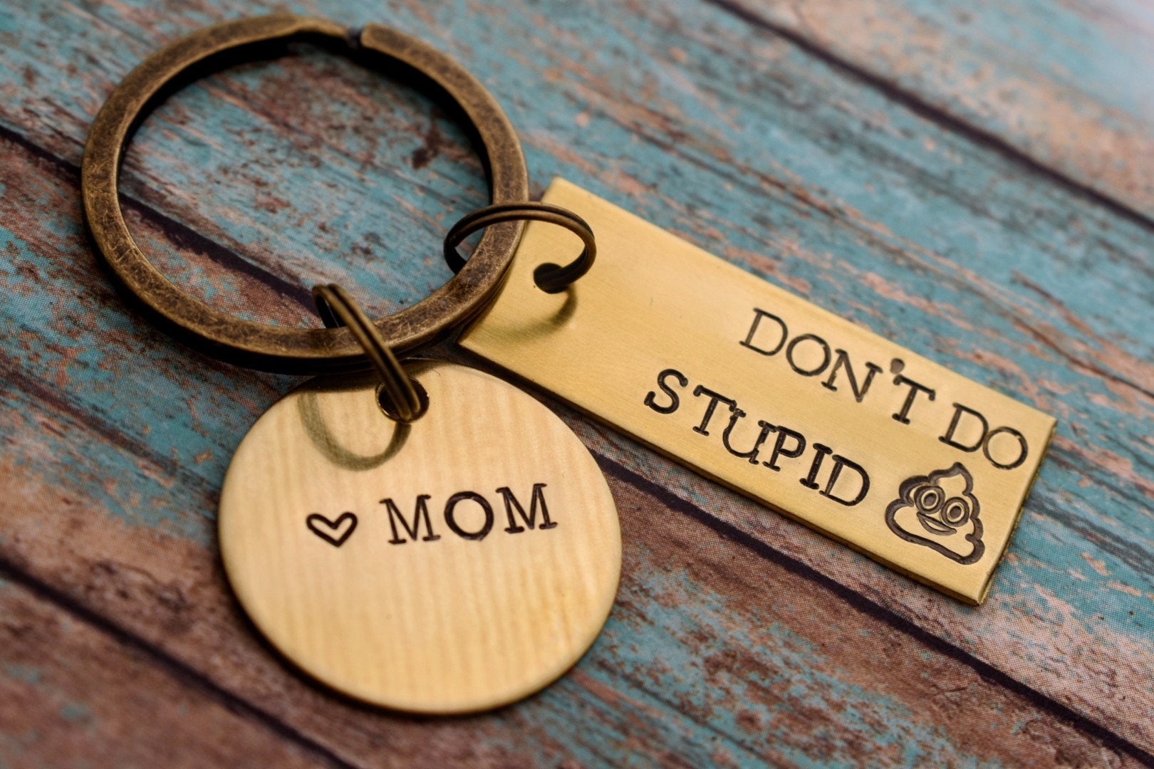 Don't Do Stupid Sh*t Hand Stamped Personalized Keychain - Funny Keychain -  Gift for Teenagers - Poop Emoji Keychain - College Gift