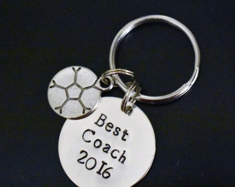 Hand Stamped "Best Coach w/ Year" and Sports Charm Keychain *Coach's Gift*Soccer Coach*Baseball Coach*Cheerleading Coach*Football Coach**