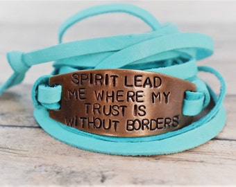 Spirit Lead Me Where My Trust Is Without Borders-Hand Stamped Brass Leather Wrap Bracelet-Christian Jewelry-Christian Bracelet-Faith Based
