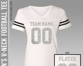 Silver Glitter Custom Football Tee / White T-Shirt / Women's Relaxed Fit / Ladies V-Neck / S to 2X / Cheer Mom Shirts / Fan Wear