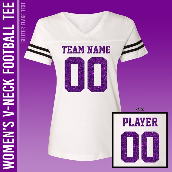 Custom Football Tee for Women / Purple Glitter Flake Text / White V-Neck T-Shirt / Ladies Relaxed Fit / S to 2X / Cheer Mom Shirts