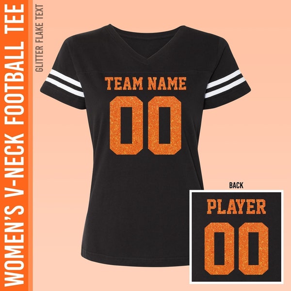 Women's Custom Football Tee / Black V-Neck T-Shirt / Orange Glitter Flake Text / Relaxed Fit / Ladies / Small to 2X / Cheer Mom