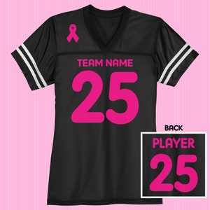 Breast Cancer Awareness Football Jersey / Women's Relaxed Fit / XS to 4XL / Add a Name and Number / Black Jerseys / Neon Pink Text