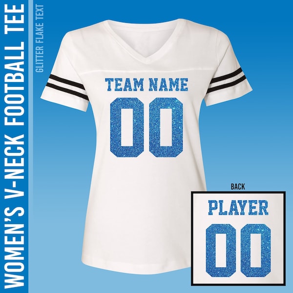 Custom Football Tee for Women / Blue Glitter Flake Text / White T-Shirt / Ladies Relaxed Fit / V-Neck / S to 2X / Cheer Mom Shirts