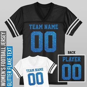 Custom Football Jersey / Blue Glitter Flake Text / Women&#39;s Relaxed Fit / XS to 4X / Cheerleader / Mom / Team / Jerseys / Uniform / 2023