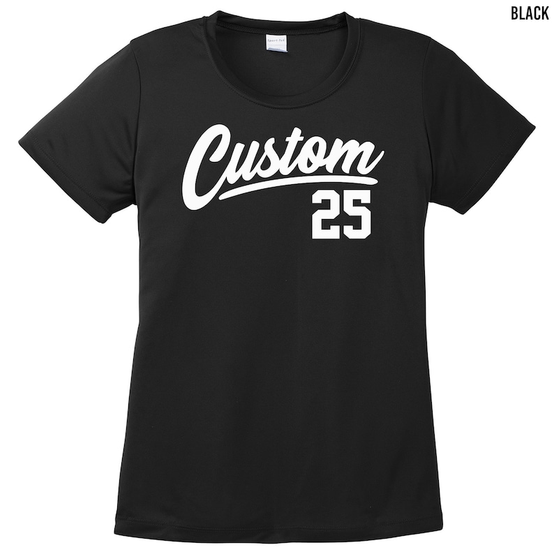 May include: Black t-shirt with white text that says "Custom 25" in a sporty font.