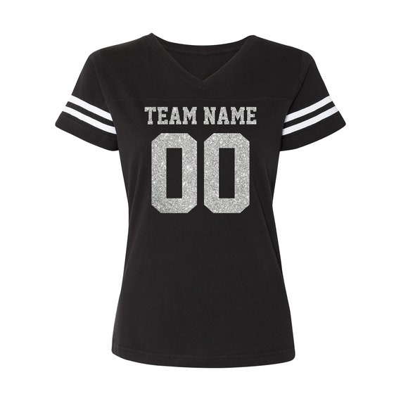 Camiseta de fútbol personalizada con cuello en V para mujer: Texto en copos  de purpurina plateada