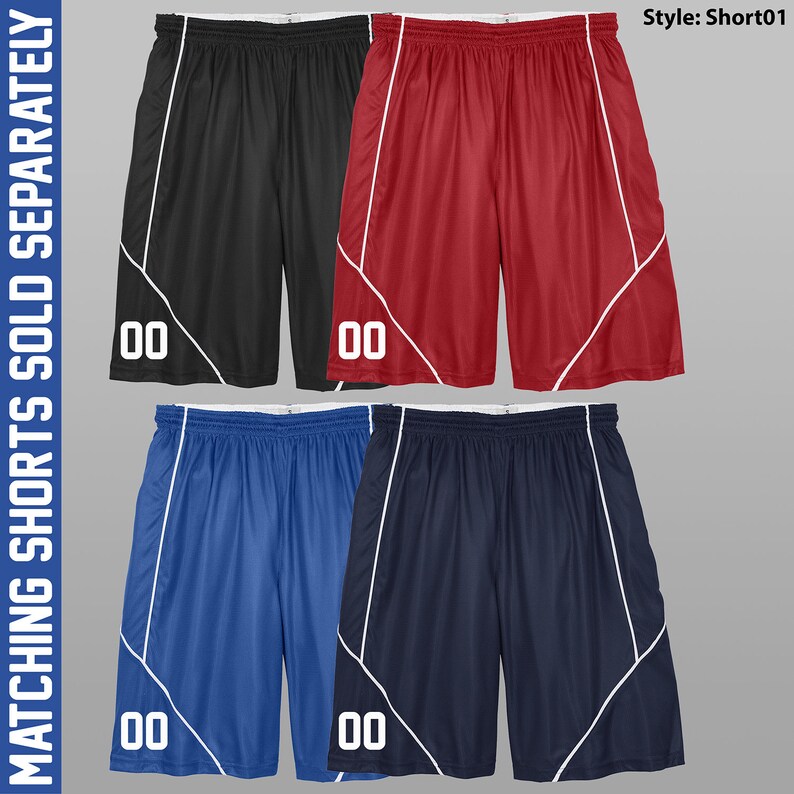 Op de afbeelding: Vier paar sport shorts in zwart, rood, blauw en donkerblauw met witte piping en een wit nummer "00" op het linkerbeen. Style: Short01