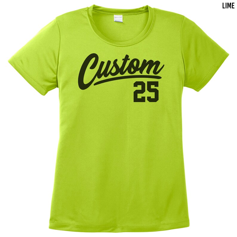 May include: Lime green short-sleeved t-shirt with black text that says "Custom 25".