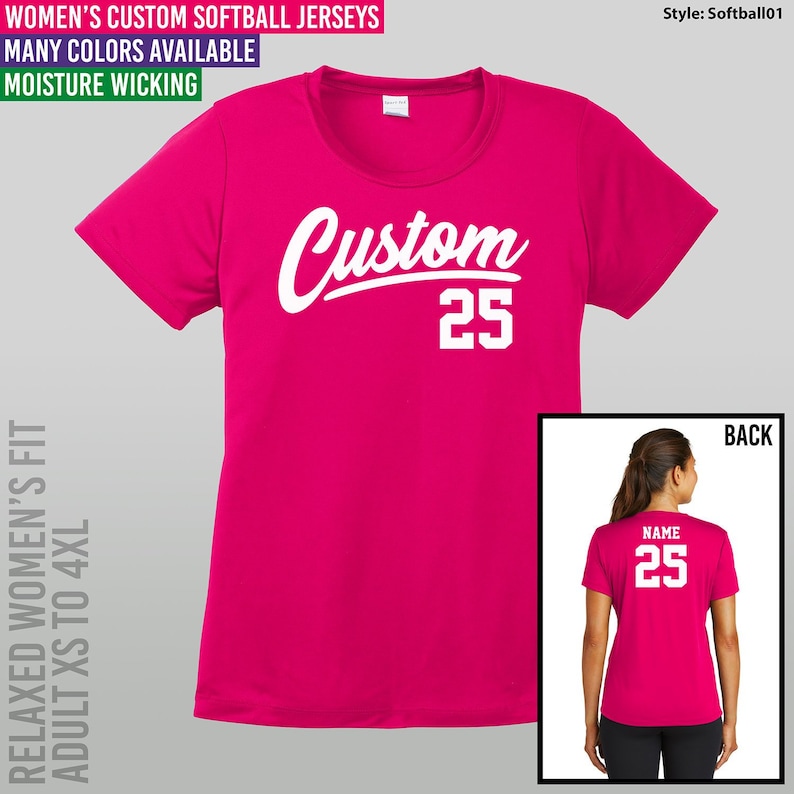 May include: A pink softball jersey with white text that says "Custom" and the number "25". The jersey is shown on a model from the front and back.