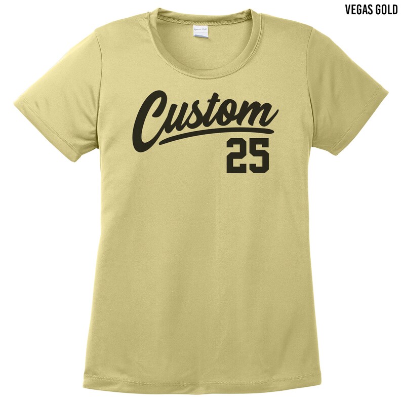 May include: A light yellow t-shirt with a black "Custom" graphic and the number "25" printed on the front. The shirt is made of a lightweight, breathable fabric.