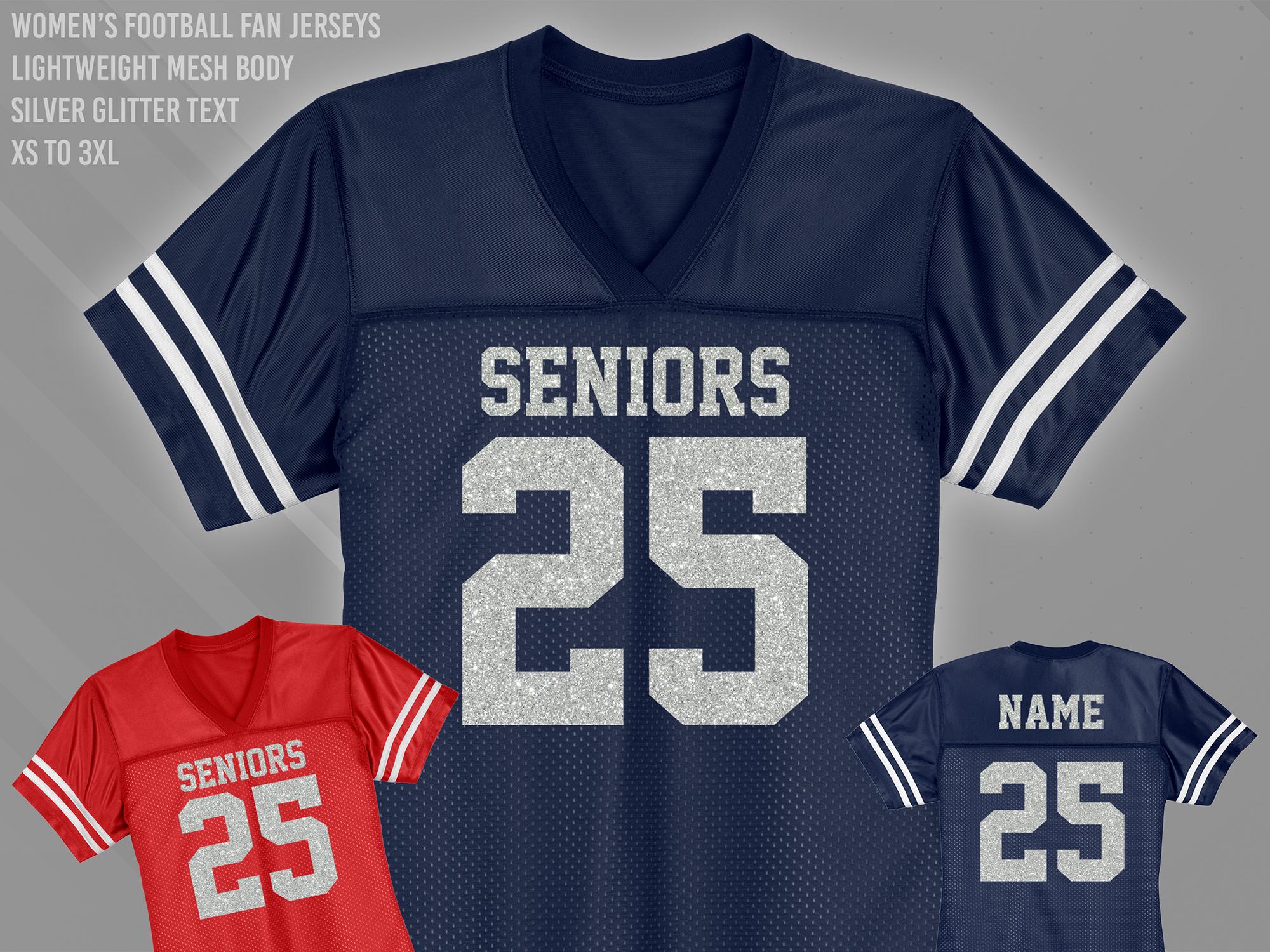 Seniors 25 Football Jersey, Silver Glitter Text, Women's Fit, XS